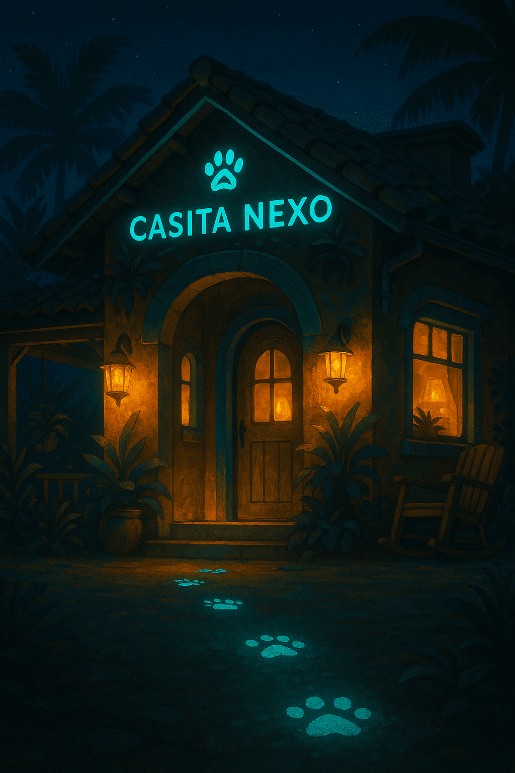 Casita Nexo de noche: casita boricua iluminada con perritos y familias felices.