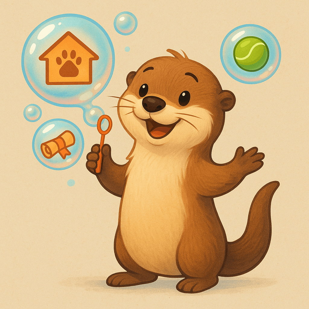 Ilustración de cH(,)MA la nutria jugando con burbujas y perritos felices, representando los servicios de daycare, boarding y training en Casita Nexo.