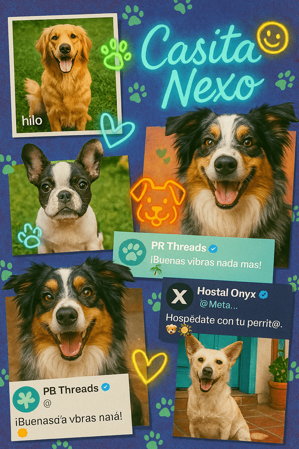 Collage of Casita Nexo and Hostal Onyx moments: happy dogs, Caribbean colors, and cH(,)MA the otter connecting everything through stories.