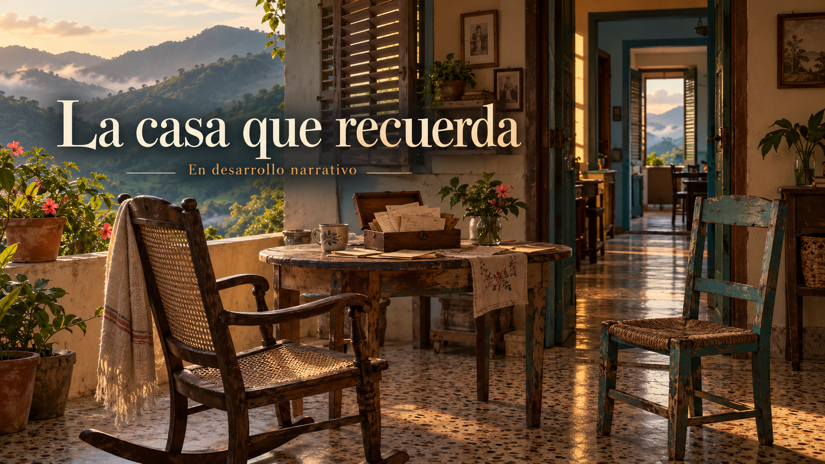 Una casa con recuerdos y puertas abiertas a la montaña. Texto: En desarrollo narrativo.
