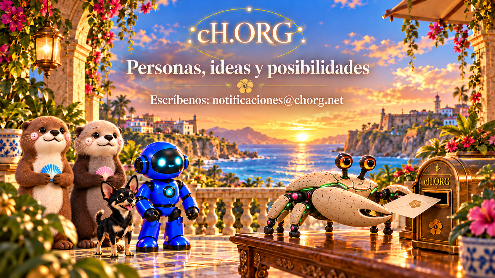 El elenco y Ops junto al buzón de cH.ORG al atardecer. Texto: Personas, ideas y posibilidades. Escríbenos: notificaciones@chorg.net.