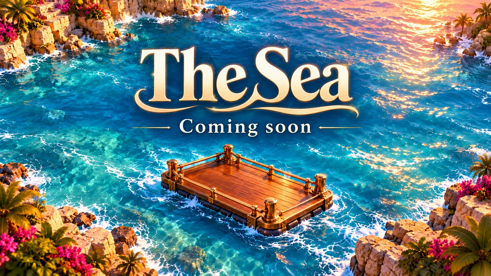 Original announcement artwork for The Sea, labelled “Coming soon”: an empty wood-and-brass platform on the turquoise ocean. The first segment can now be tried using the following link.