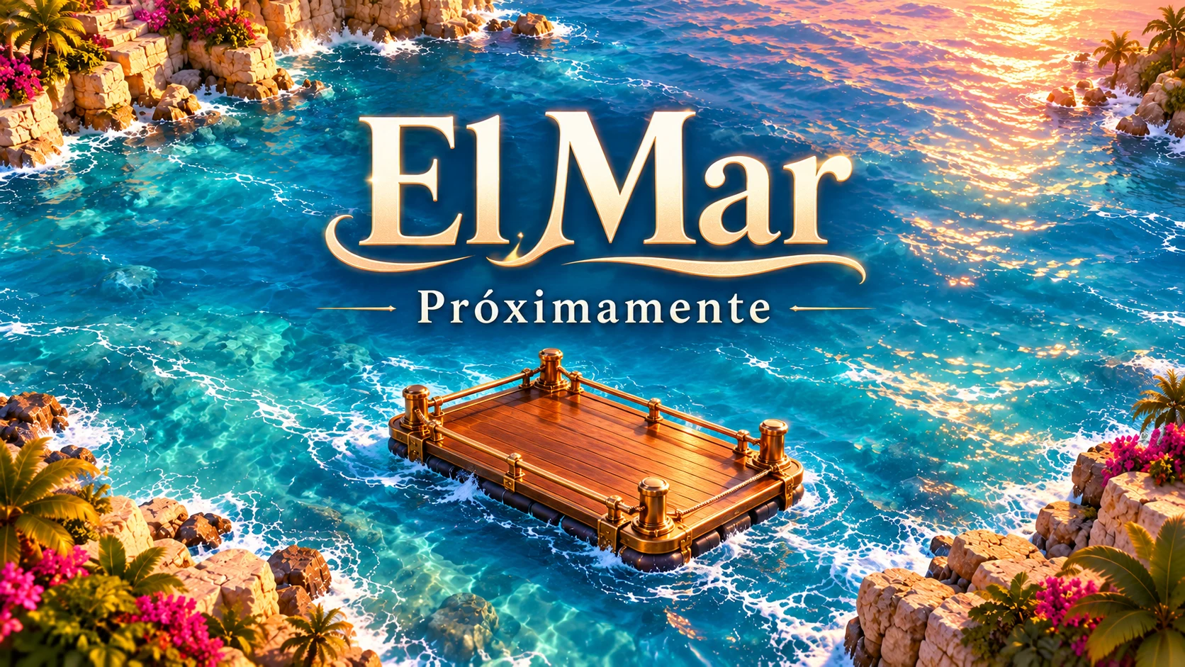 Cartel inicial de El Mar con el rótulo «Próximamente»: una plataforma vacía de madera y latón sobre el océano turquesa. El primer tramo ya se puede probar desde el enlace siguiente.