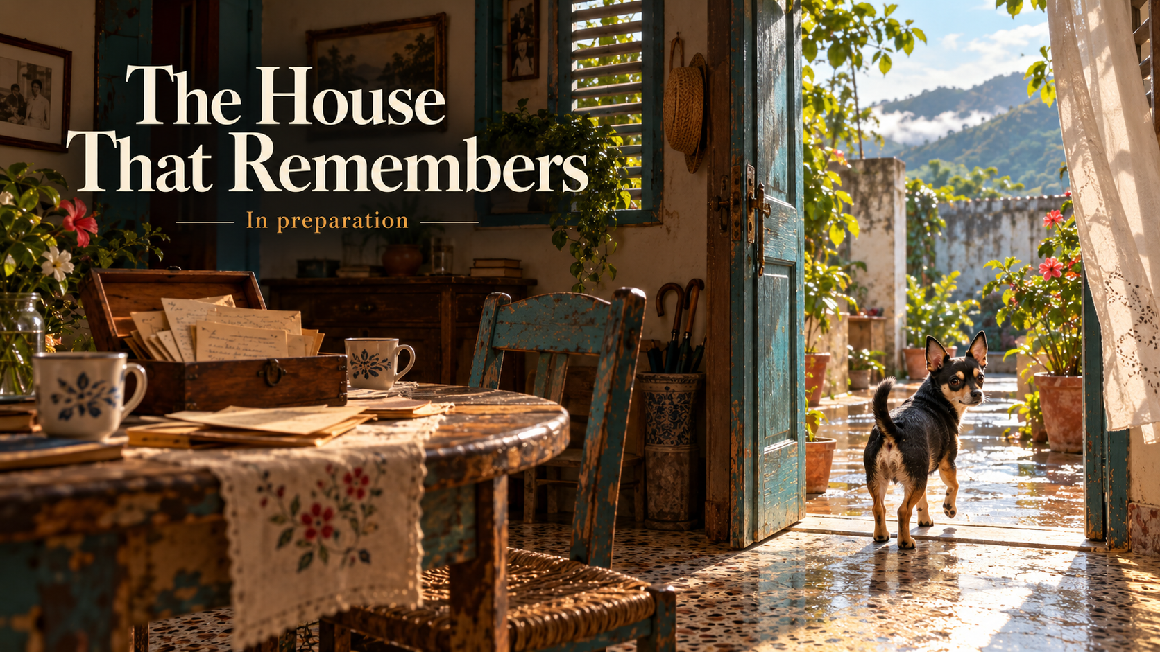 The House That Remembers — In preparation. Morning light enters a home with letters and keepsakes as Rambo turns toward us at the courtyard doorway.