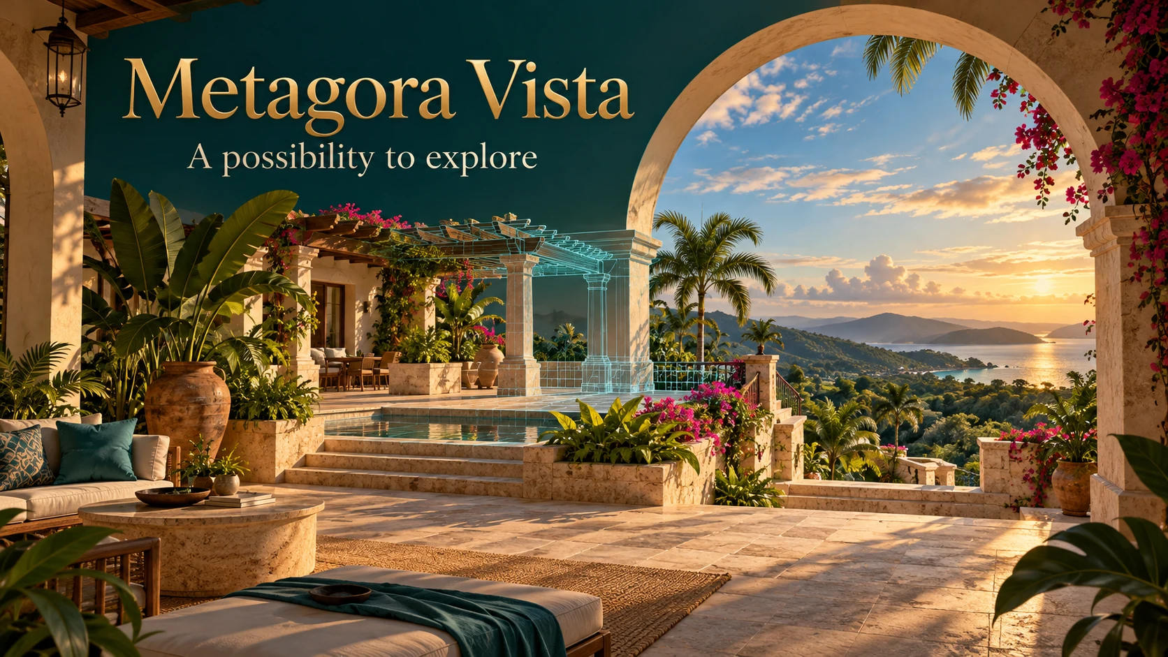Metagora Vista: A possibility to explore. A shaded veranda and stone arch overlook a coastal landscape, with a digital outline suggesting a future space.