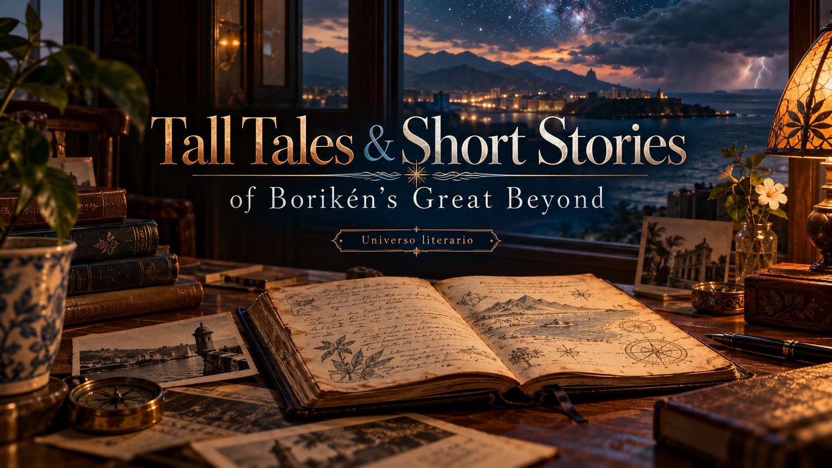 Ilustración literaria de Tall Tales & Short Stories: un cuaderno abierto frente al paisaje nocturno de Puerto Rico.