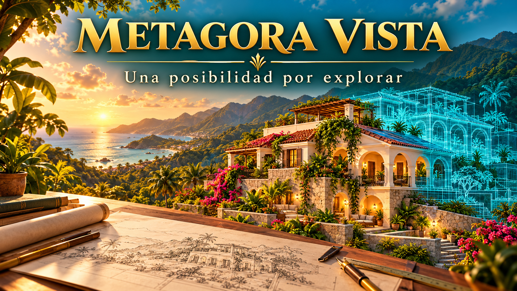 Imagen conceptual de Metagora Vista: casa costera y planos arquitectónicos.
